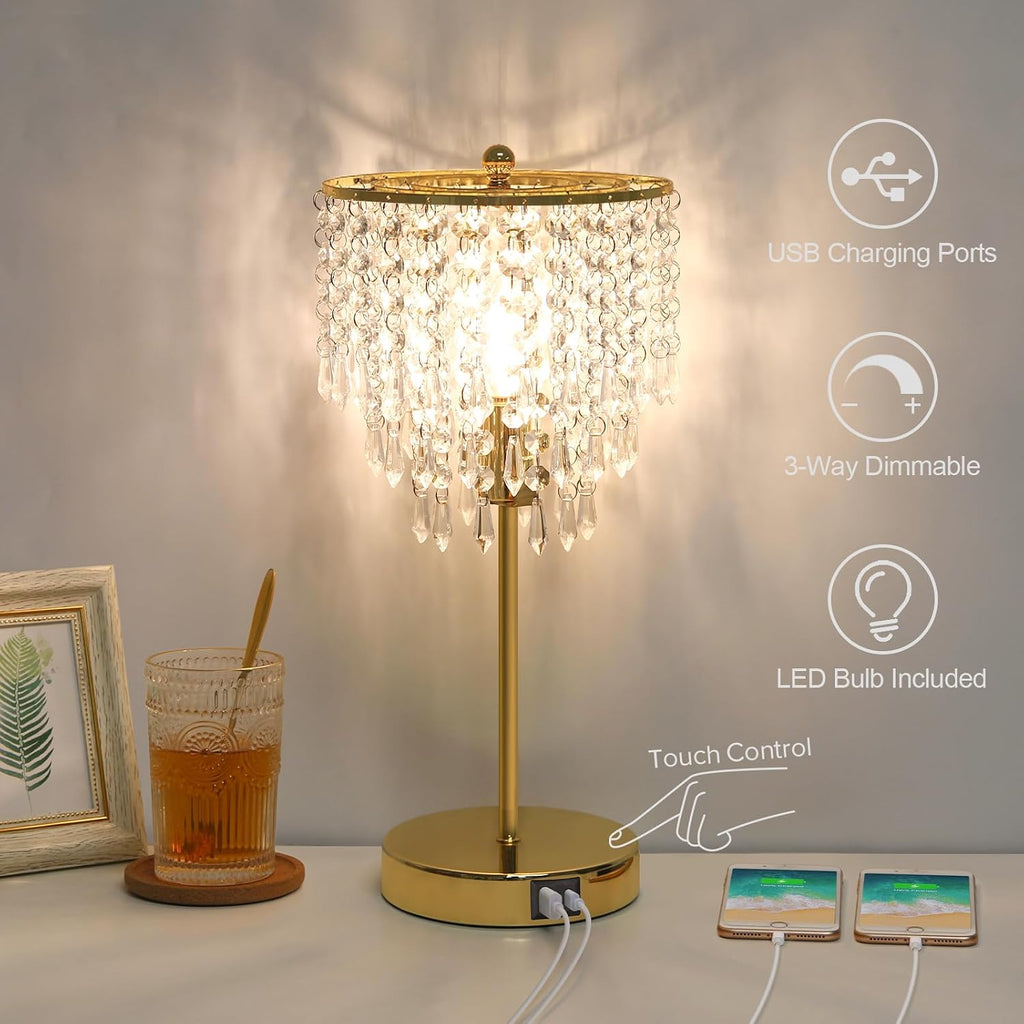 Crystal Table Lamp with USB C+A Ports, 3-Way Dimmable Touch Lamp, Gold Lamp