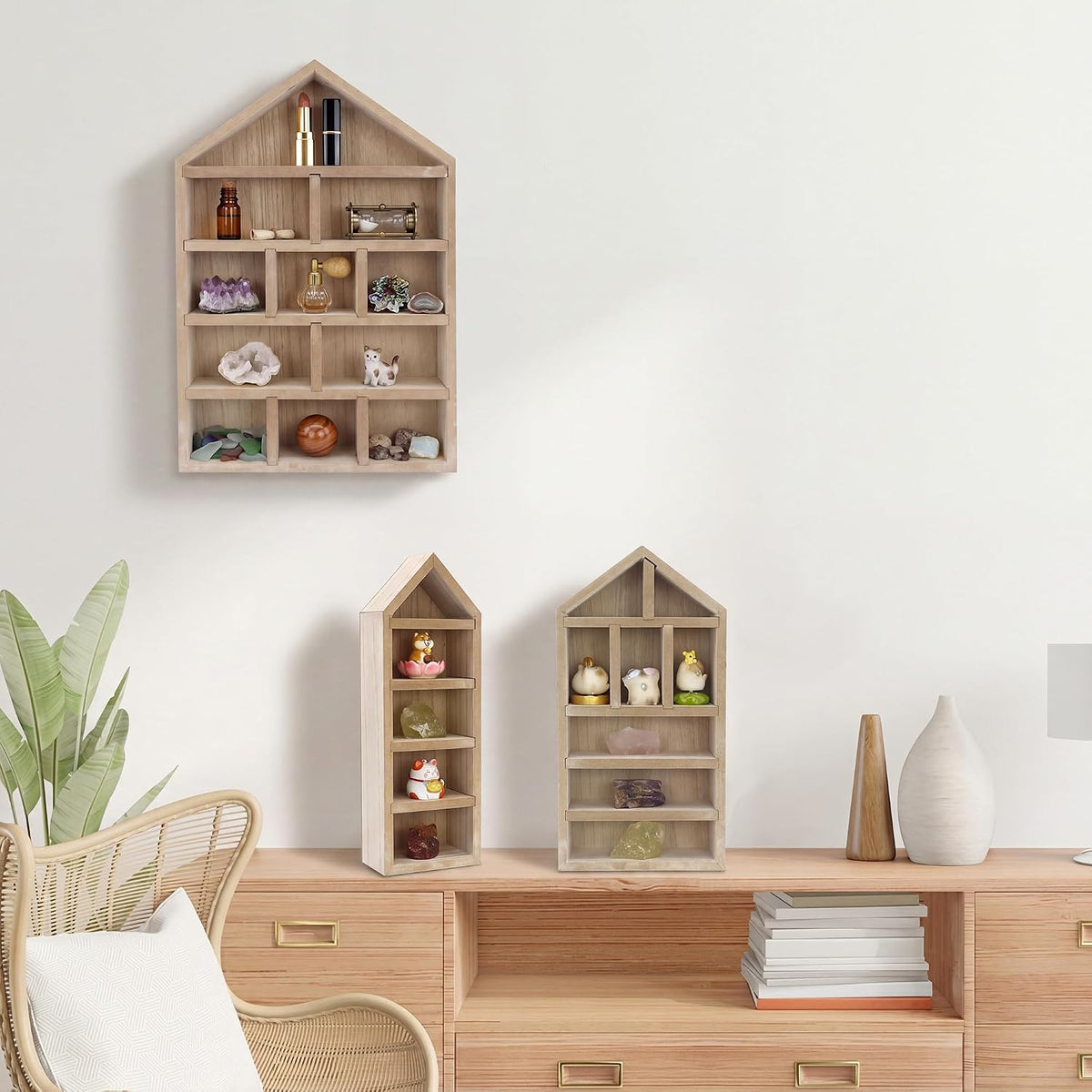 House Shaped Shadow Box with Removeable Shelves,Cream,4x12