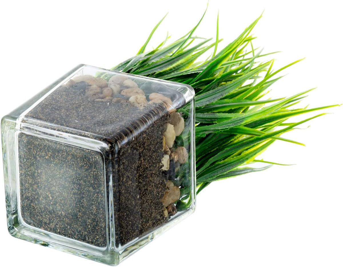 MyGift Set of 2 Artificial Grass Plants in Square Glass Pots with Pebbles