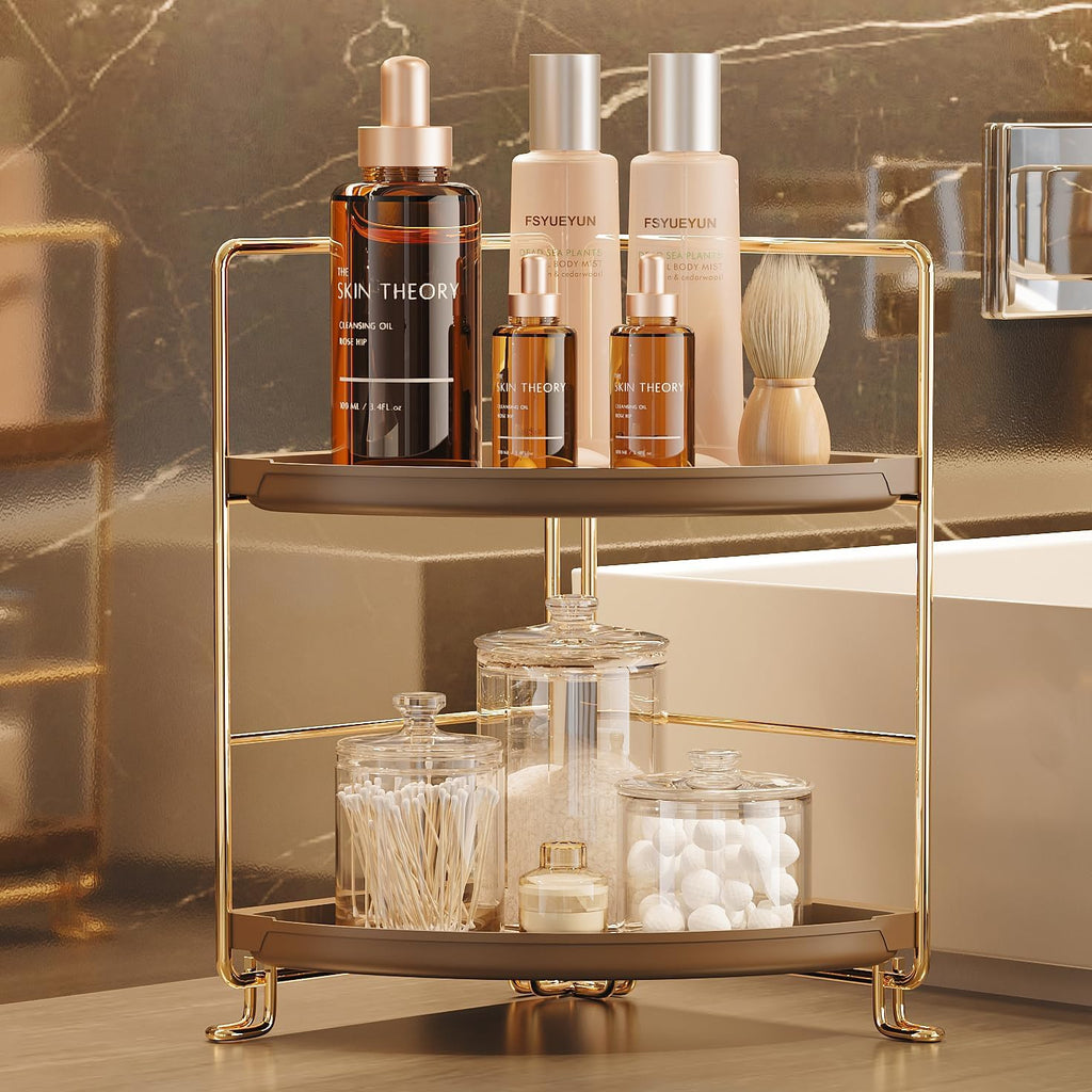 FSyueyun 2-Tier Corner Bathroom Counter Organizer, Gold & Brown