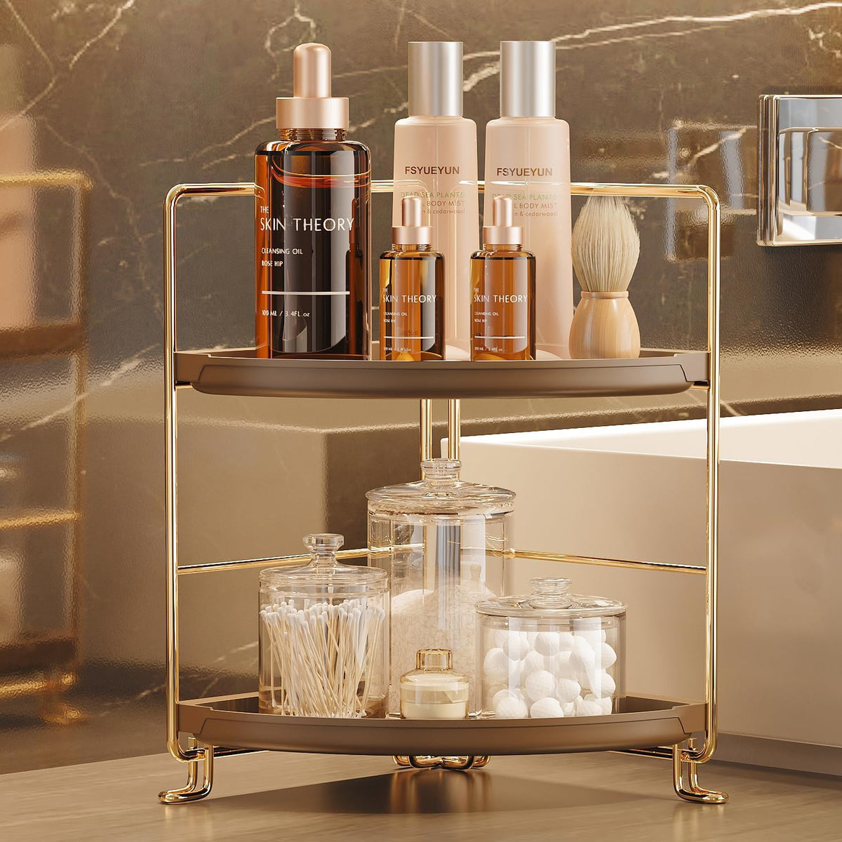FSyueyun 2-Tier Corner Bathroom Counter Organizer, Gold & Brown