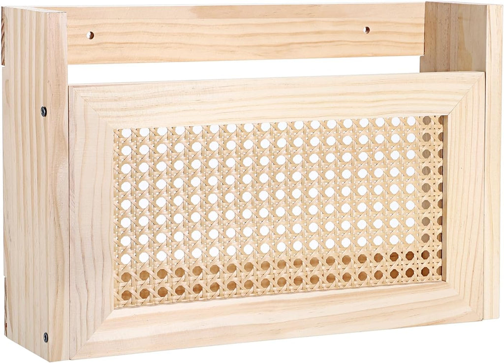 BTSKY Wooden Hanging Magazine Rack, Wall Mounted Magazine Holder Modern Rattan Hollow-out Design Mail Organizer, Assembly File Holder Letter Holder Wall Rack for Home & Office - 15x4x9.9 Inch