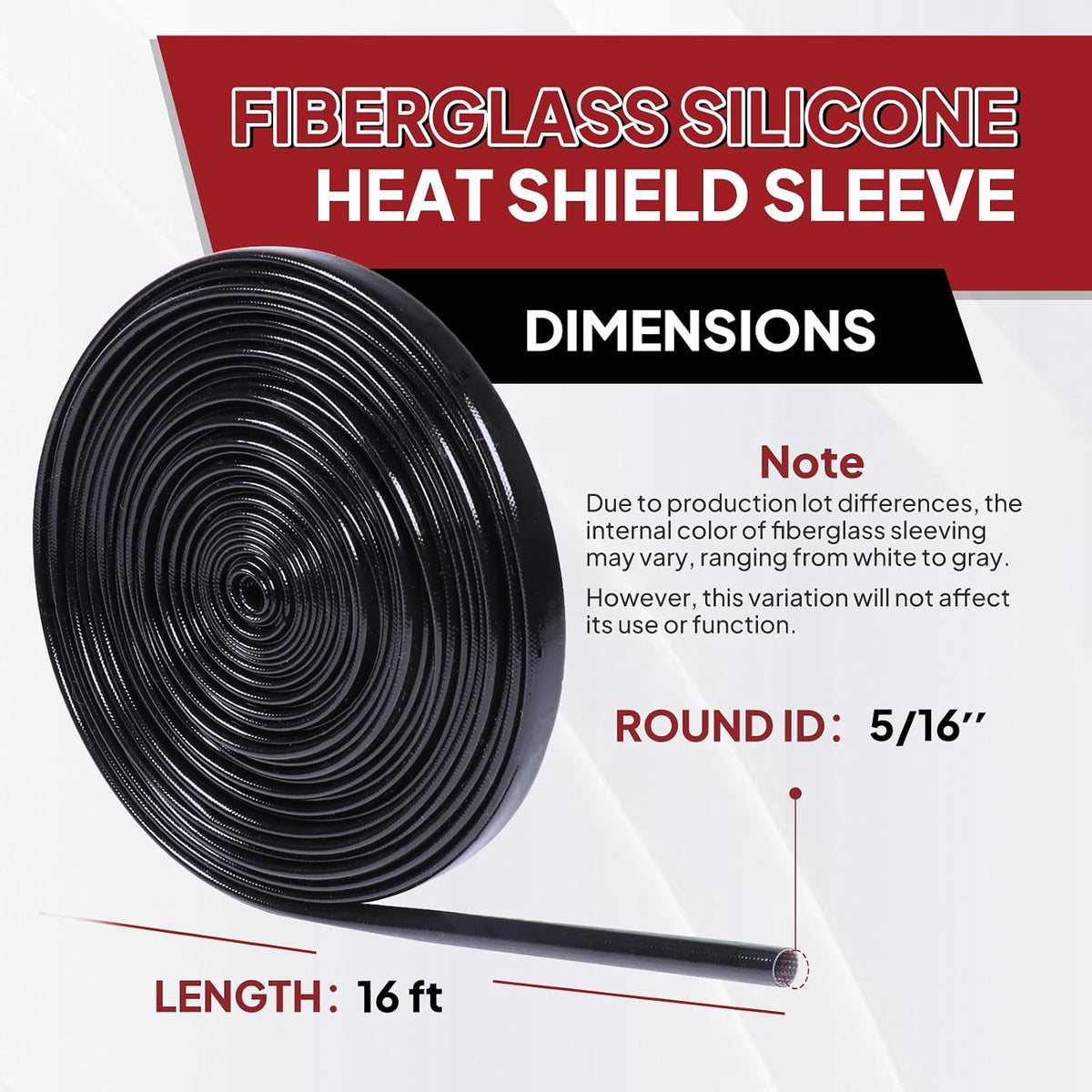 Silicone Fiberglass Sleeve Heat Shield Wire Protective High Temperature Electrical Insulation Self-extinguishing Black (5/16"-16ft)
