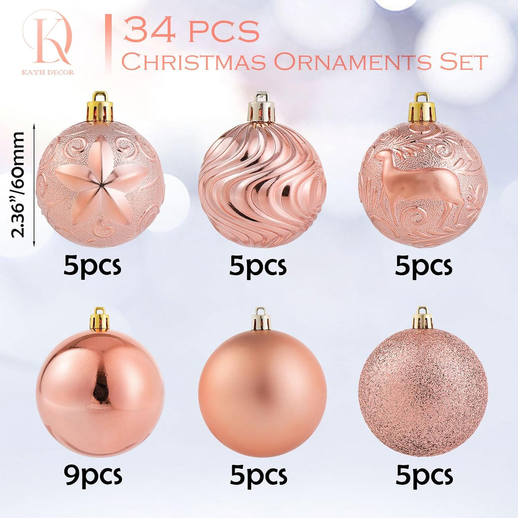 34ct Rose Gold Christmas Ball Ornaments Shatterproof Plastic Christmas Tree Decorations for Xmas Party Home Office Holiday Decor -Medium Size (2.36"/ 60mm)