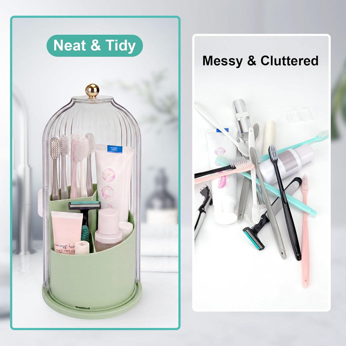QIYVLOS Toothbrush Holders with Sliding Lid, Rotating 3 Slots Bathroom Organizer Countertop, Tooth Brush Toothpaste Holder Bathroom Counter Stand Sink Organizer Caddy for Makeup Brushes Holder (Green)