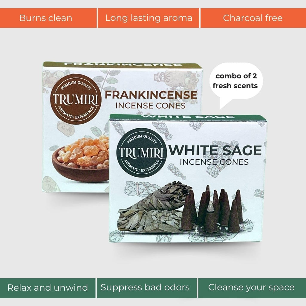 TRUMIRI Incense Cones - Combo Pack of 20 Cone Incense - 10 Frankincense + 10 White Sage