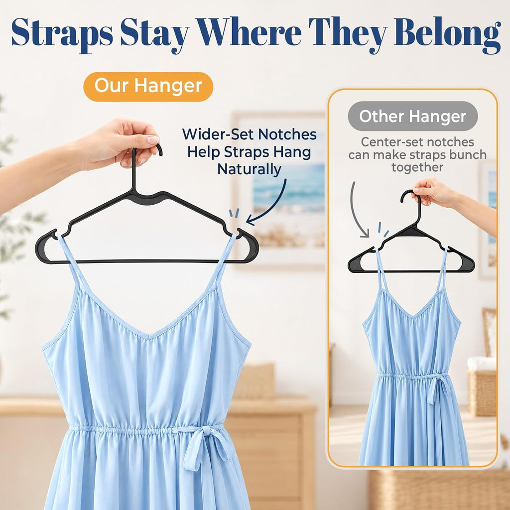 HOUSE DAY Black Plastic Hangers 30 Pack, Slim Non-Slip with Extended Notch