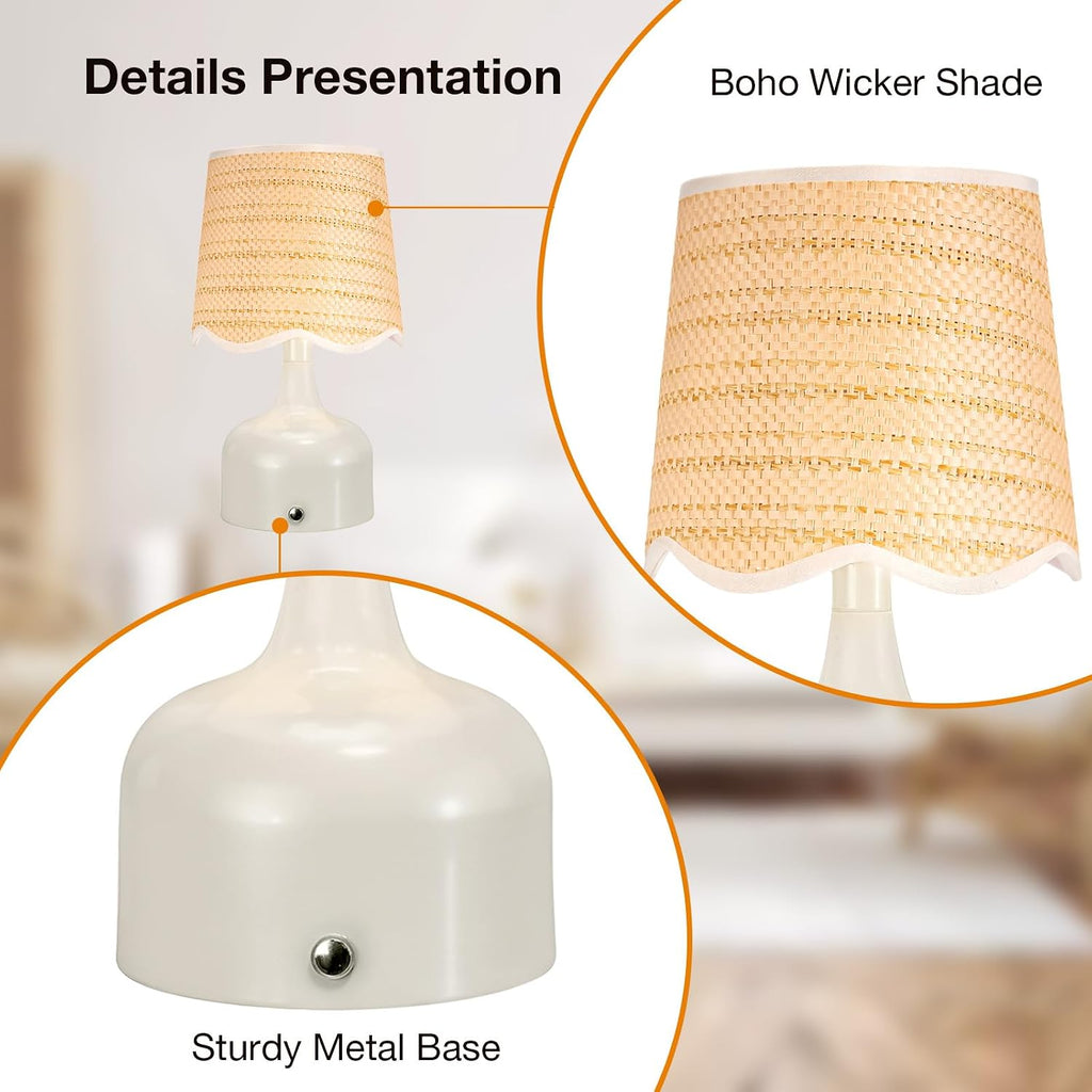Cordless Boho Table Lamp Beige, Scalloped Wicker Shade, 5200-mAh Rechargeable Battery, 3-Way Dimmable, Build-in Integrated LED 320 Lumen Max, for Bedside Living Room