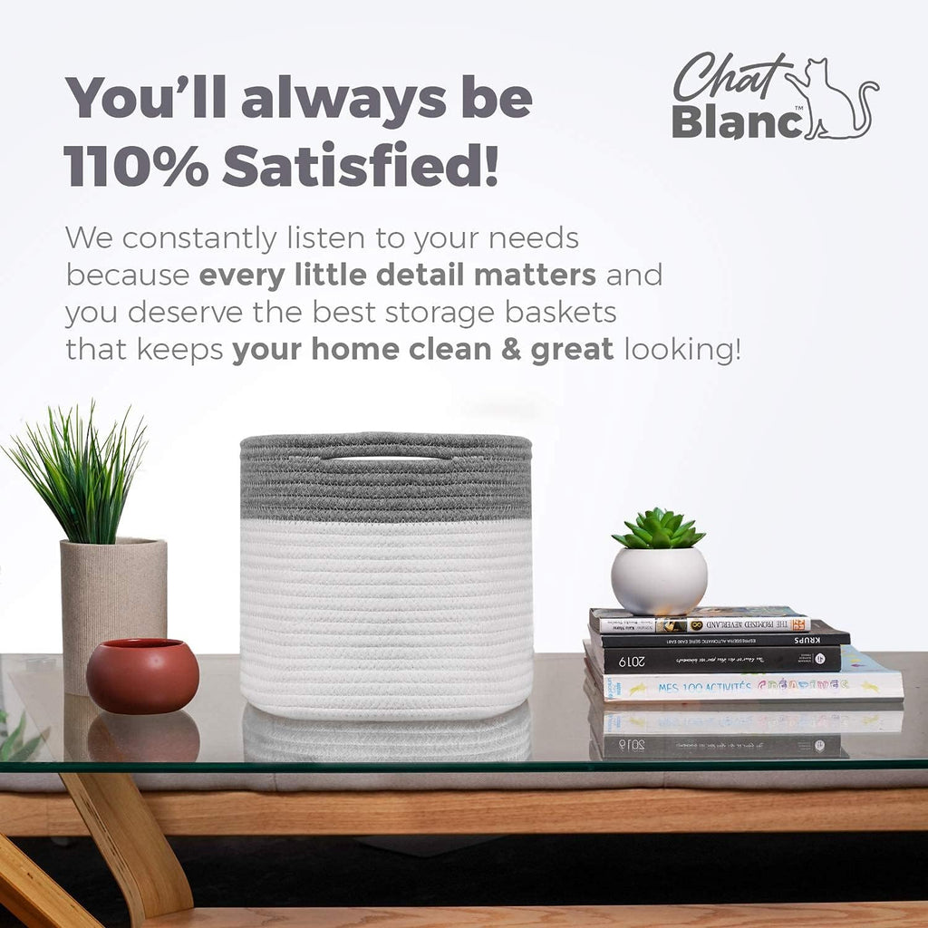 CHAT BLANC Cotton Rope Baskets for Organizing, Shelves, Toys, Storage, Shoe, Bathroom, Laundry, Towel, Nursery, Home Decor, Blanket, Cloth Woven Bins Fabric (Dark Gray & Creamy White7, 15"x10"x9")