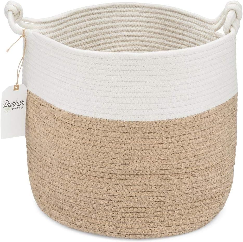 Parker Baby Co. Rope Storage Basket, Large Nursery Storage Bin - White/Tan