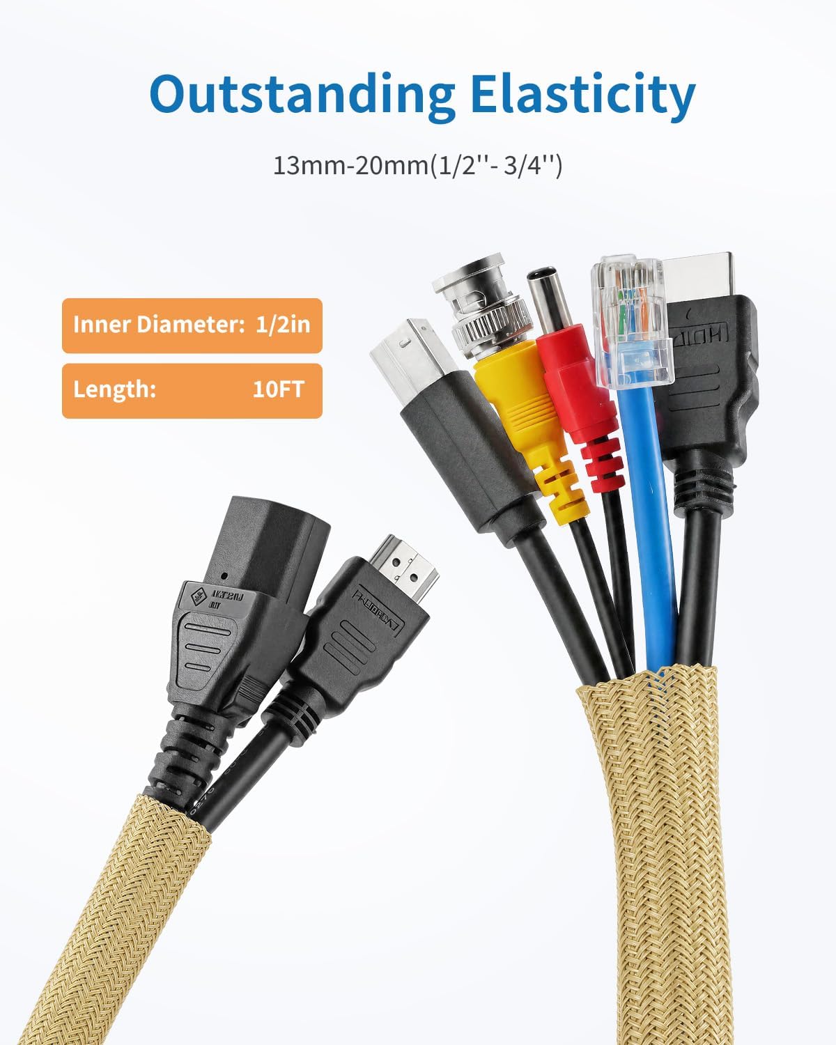 Yecaye 10ft - 1/2 inch Cord Protectors from Pets no Chew, Gold