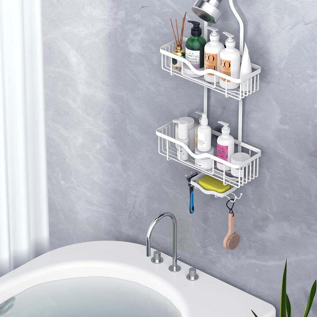 Shower Caddy Hanging, Bathroom Shower Rack, Bathroom Organizer with Soap Dish, Over The Showerhead Caddy with Hooks for Razor/Sponge, Soft White (Assembly Required)