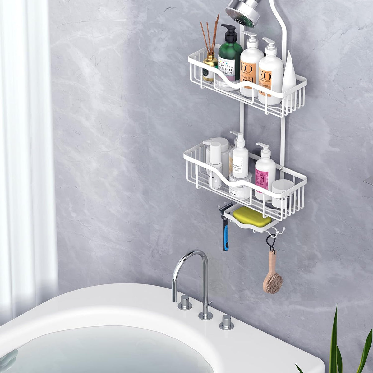 Shower Caddy Hanging, Bathroom Shower Rack, Bathroom Organizer with Soap Dish, Over The Showerhead Caddy with Hooks for Razor/Sponge, Soft White (Assembly Required)