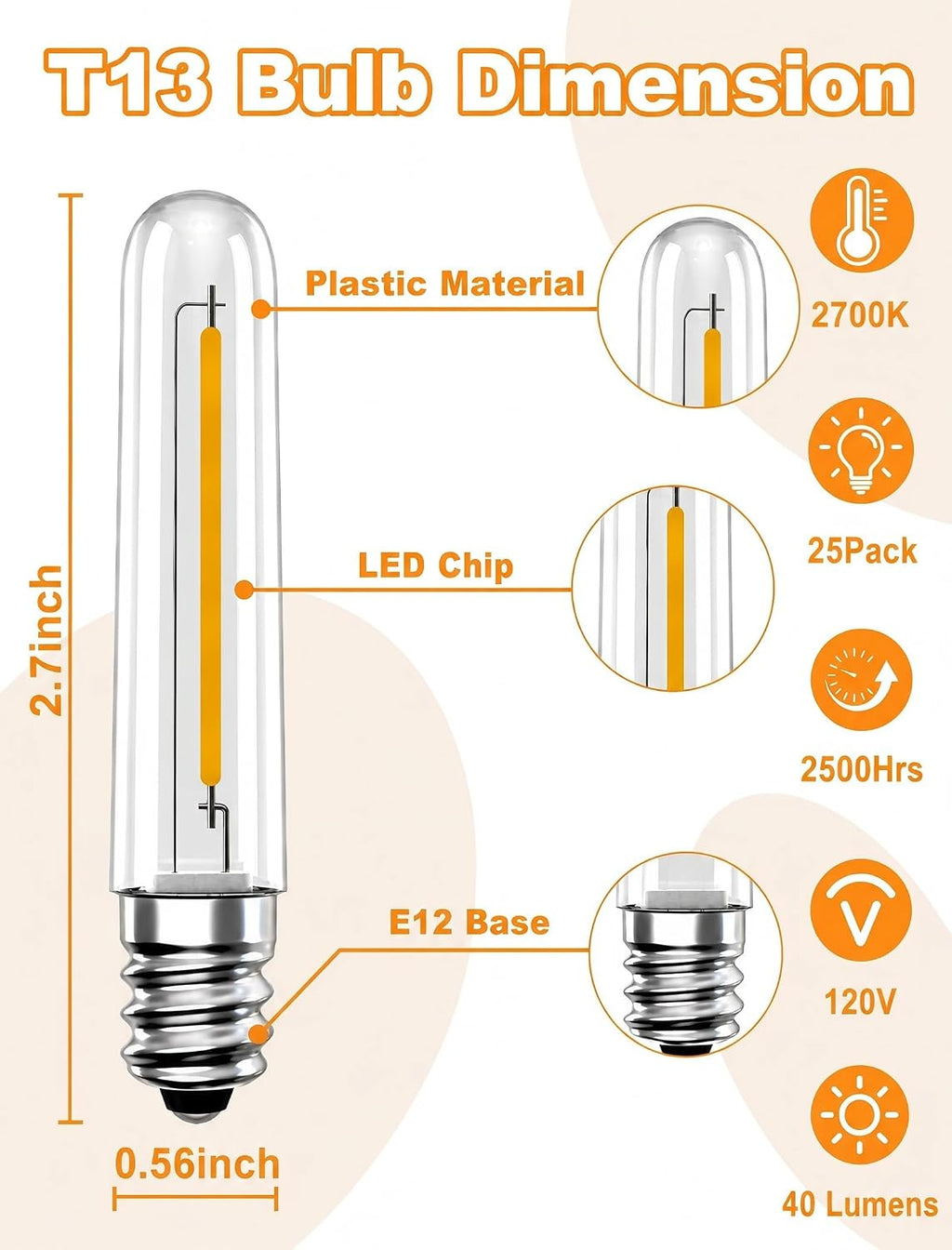 25 Pack E12 LED T13 Replacement Bulbs, 0.6W Dimmable Waterproof Candelabra Base Bulbs, 2700K Warm White, for S14 G40 C7 String Lights, Chandeliers, Outdoor Patio & Night Lights