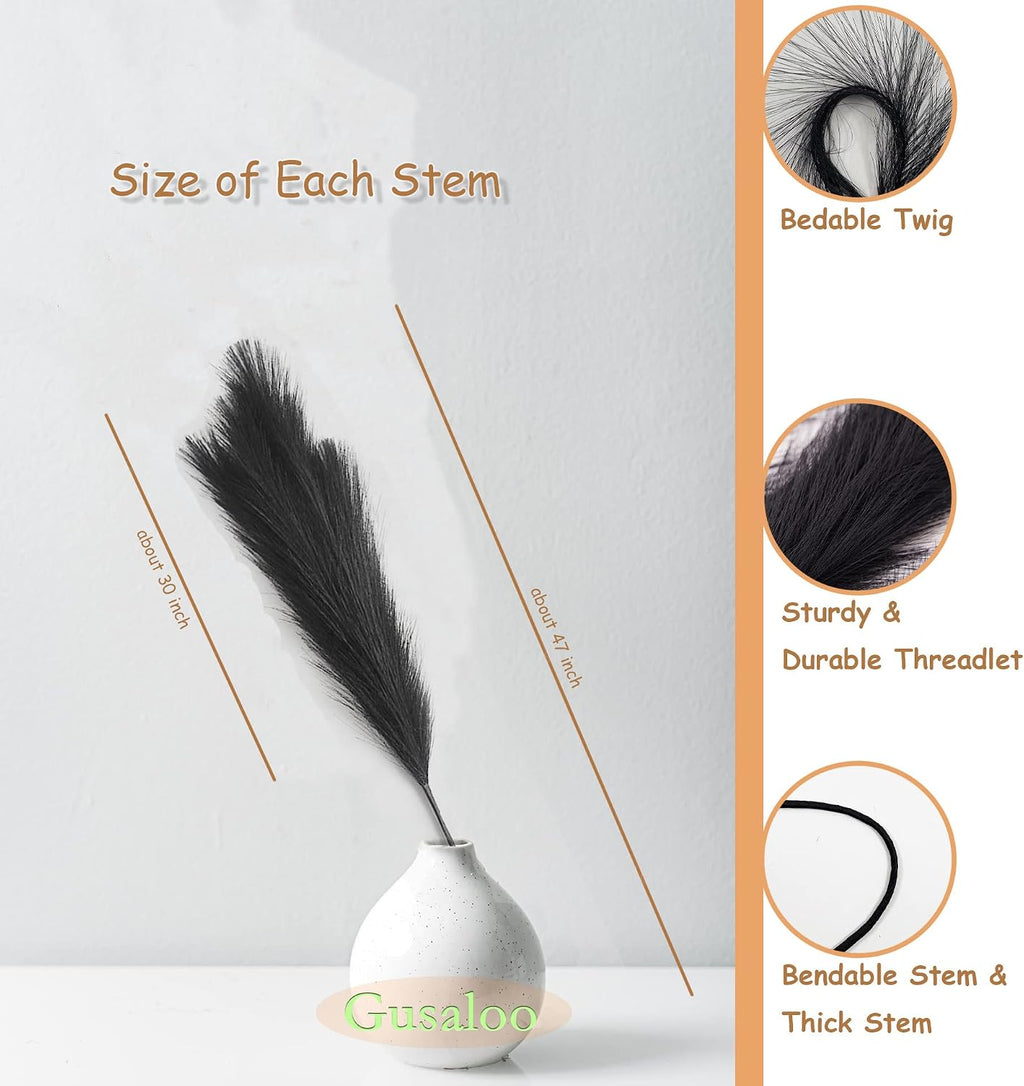 Artificial Faux Pampas Grass Large, 47"/120cm Bundle of 3 Fake Artificial Pampas Grass Decor Tall Fluffy Stems, Floor Vase Filler for Living Room Kitchen Decor Boho Decor Wedding -Black