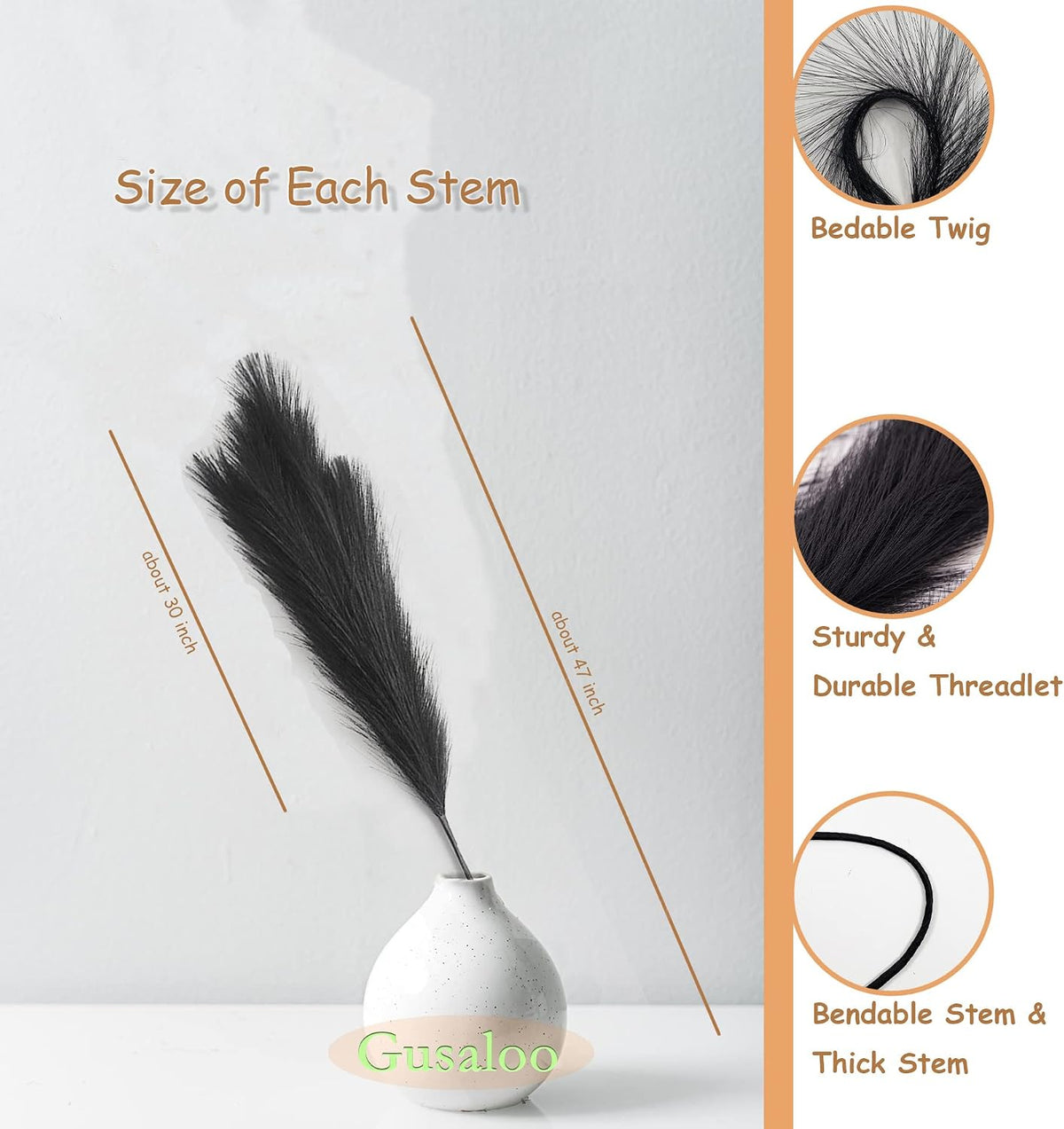 Artificial Faux Pampas Grass Large, 47"/120cm Bundle of 3 Fake Artificial Pampas Grass Decor Tall Fluffy Stems, Floor Vase Filler for Living Room Kitchen Decor Boho Decor Wedding -Black