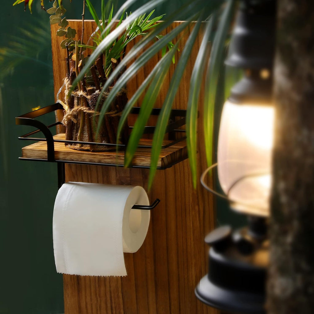 Toilet Paper Holder with Shelf - Farmhouse Bathroom Rustic Country Decor
