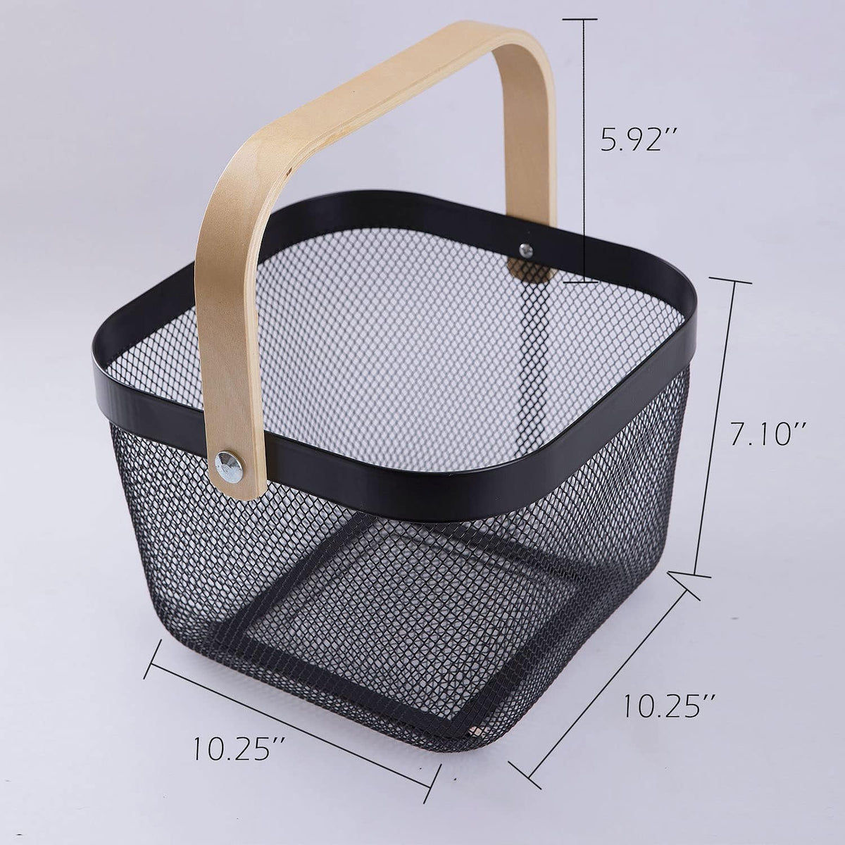 IBWell Square Metal Wire Woven Fruit Storage Bowl Basket with Wooden Handle, Large Black Mesh Fruit Stand, Multi-function Hanging Kitchen Baskets (Black, Nomal 2PCS)
