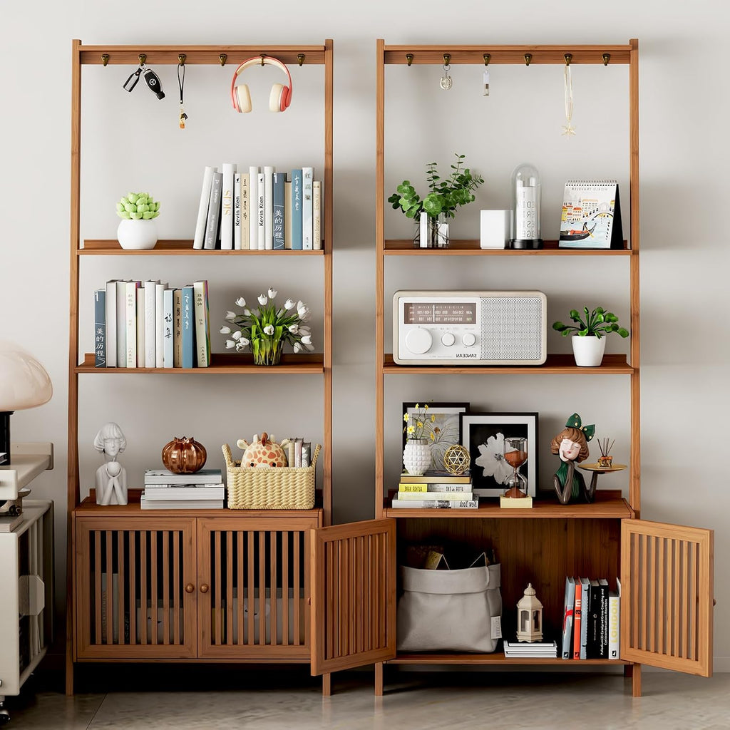 Bookcase with Drawers, Ladder Shelf 4-Tier Bamboo Bookshelf with 6 Hooks