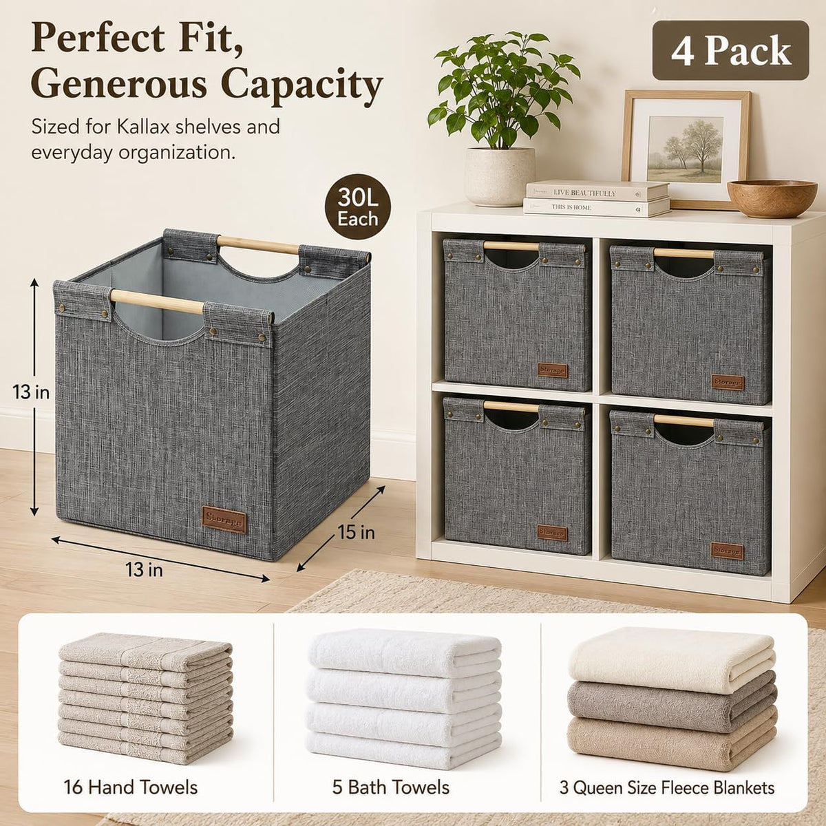 KAKAMAY Cube Storage Bin 13x15x13 Storage Cubes for Kallax 4-Pack Dark Grey