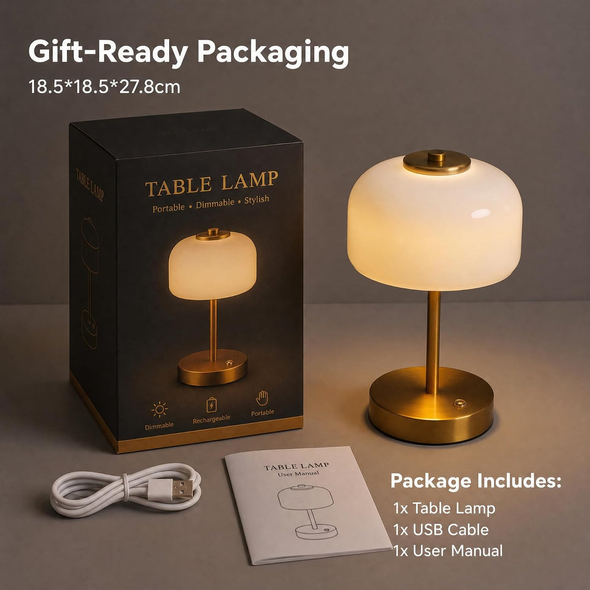 Cordless LED Table Lamp, Rechargeable Battery Operated Mushroom Desk Lamp, 3-Level Touch Dimming, Portable Metal & Glass Nightlight for Bedroom, Living Room, Restaurant, Gold