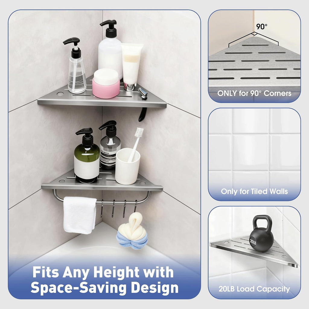 Shower Corner Shelf, 10'' Corner Shower Shelf with Towel Bar & Hooks, 2-Pack 304 Stainless Steel Recessed Bathroom Shelves, Grout in Bathroom Shower Shelf for Tiled Wall,(Brushed Nickel)