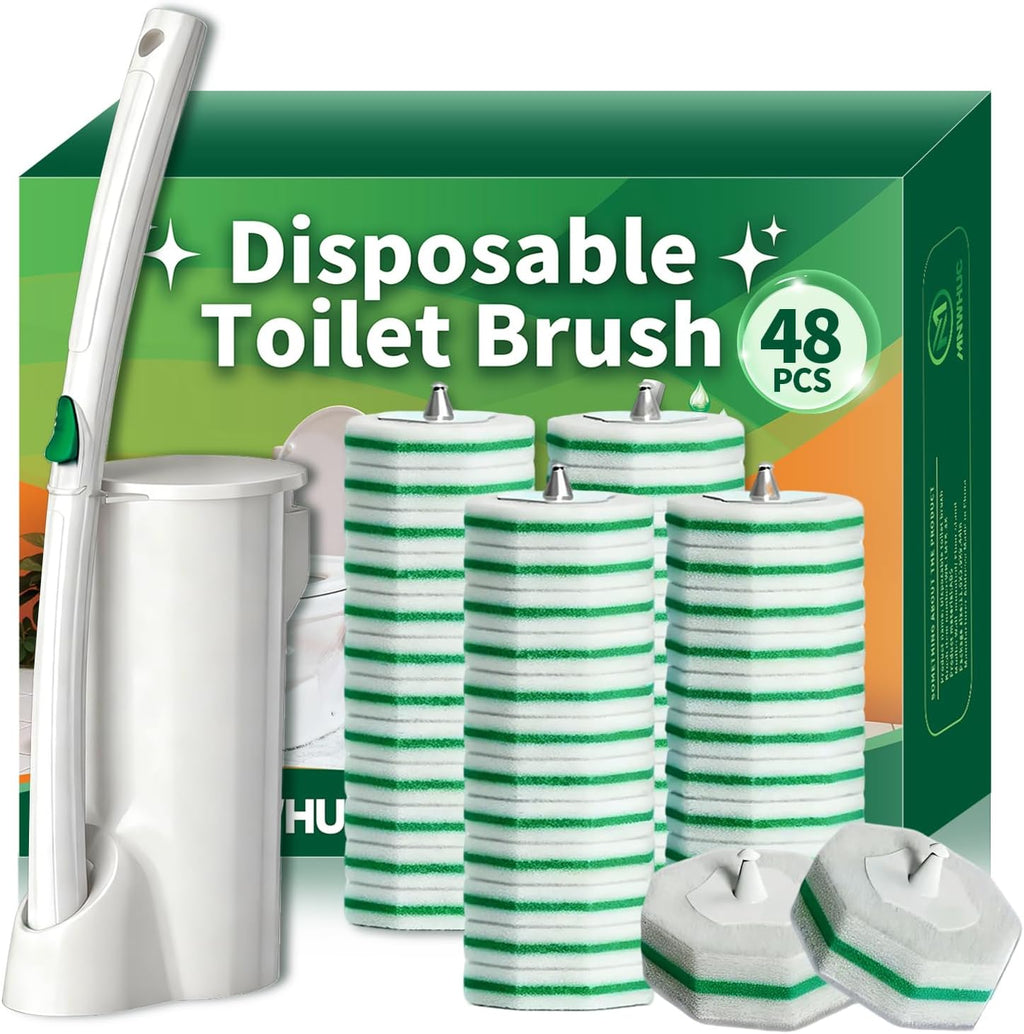 Disposable Toilet Brush, Toilet Bowl Cleaning System with 48 Count Wand Refills, Clean Brush Starter Kit with 1 Wand, 1 Storage Caddy and 1 wall Sticker (White)