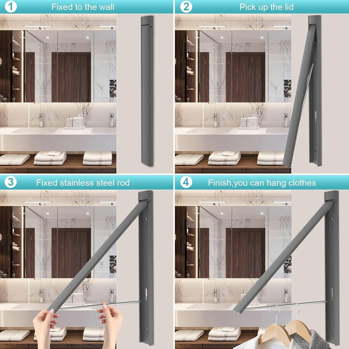 Foldable Wall Mount Drying Rack, 65lb, Space Saving Gray