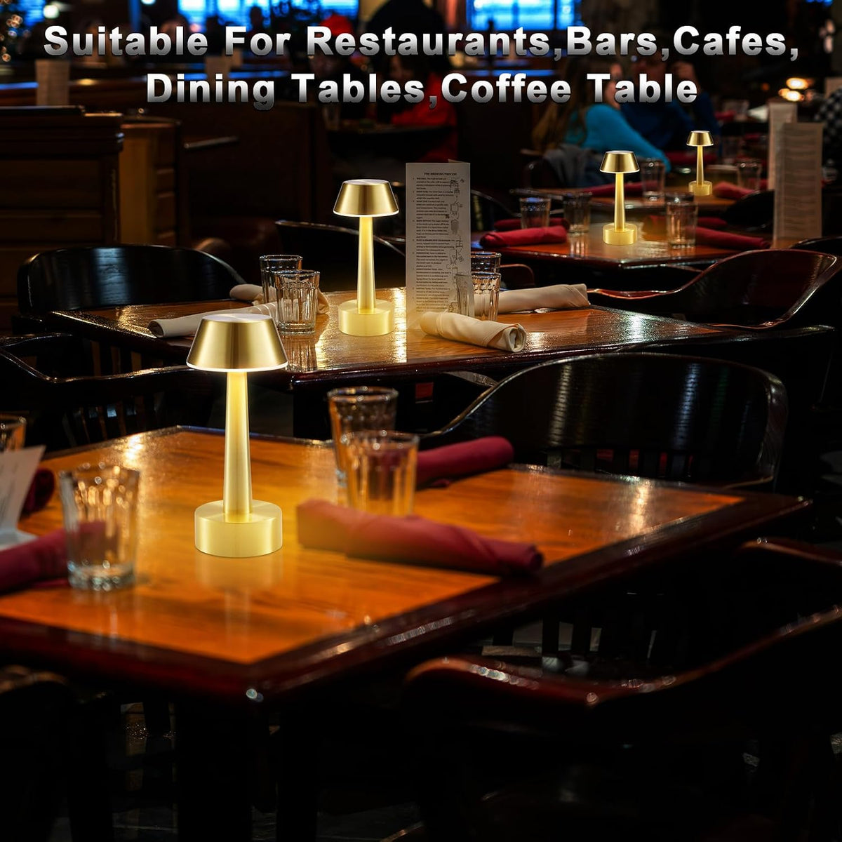 2 Pack Small Cordless Table Lamp for Restaurant, Gold Metal Lamp