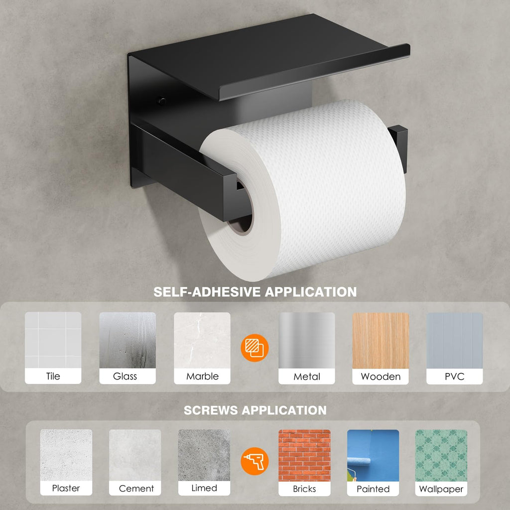 Auxmir Toilet Paper Holder with Shelf, Self Adhesive or Screw Mount, Black