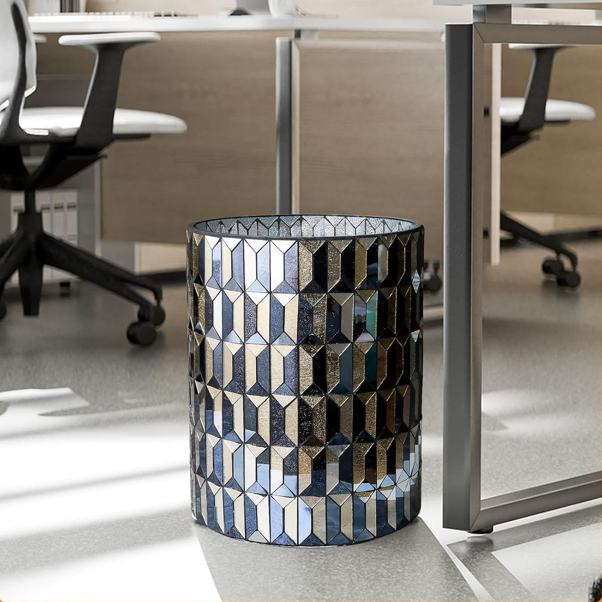 Escenzy Black Gold Bathroom Trash Can, Handmade Mosaic Glass 1.3 Gal / 5L | Decorative Waste Basket for Bathroom, Bedroom, Office | Luxury Black Gold Bathroom Decor | Glam Home Decor Gift
