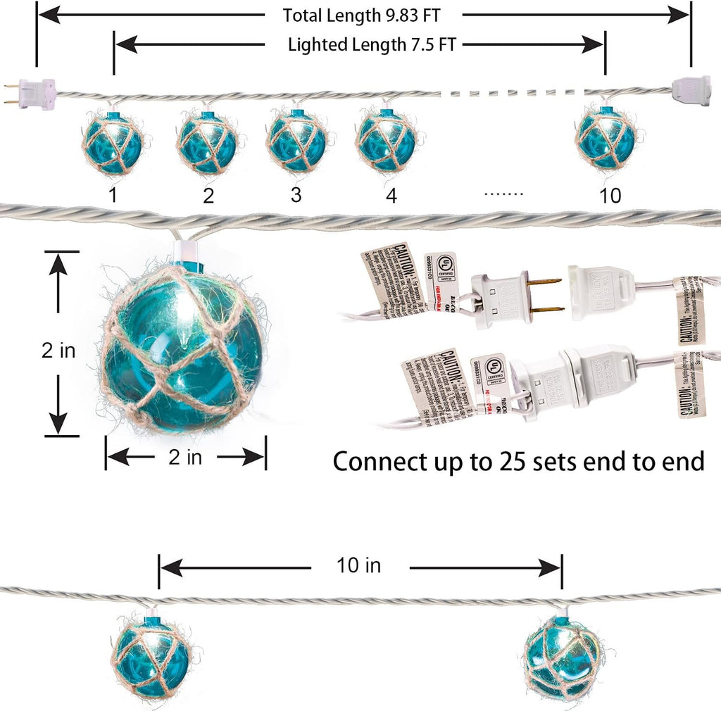 Brillarlights Blue Nautical String Lights Plug in, 10 Float Bulbs 9.8FT Beach Patio Decor, G50 Fishing Float Globes UL Certified, Connectable Coastal Lights for Lanai Deck Backyard Christmas Tree