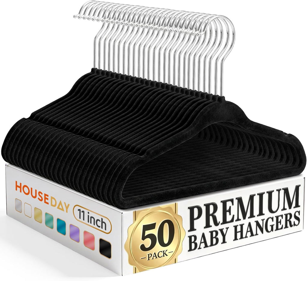 HOUSE DAY 11 Inch Velvet Baby Hangers, Premium Kids Hangers Black 50 Pack