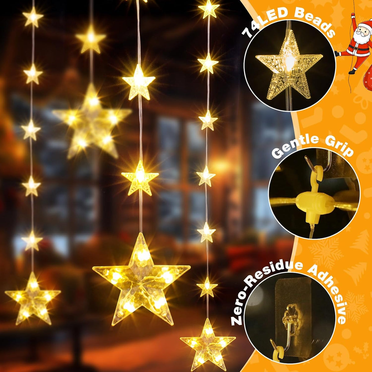 74 LEDs Christmas Window Lights with 46 Stars, IP65 Waterproof, Warm White