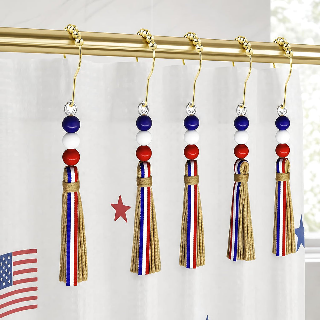 Gold Shower Curtain Hooks Rings, Rust Proof Patriotic Tassels, 12 Pack