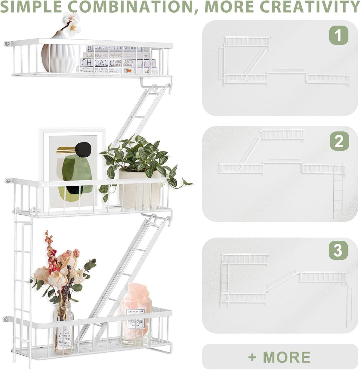 SweetSage Fire Escape Shelf - 3 Tier White Wall Display Floating Shelves, Metal Decorative Shelving for Bedroom, Home Décor, Action Figure Display