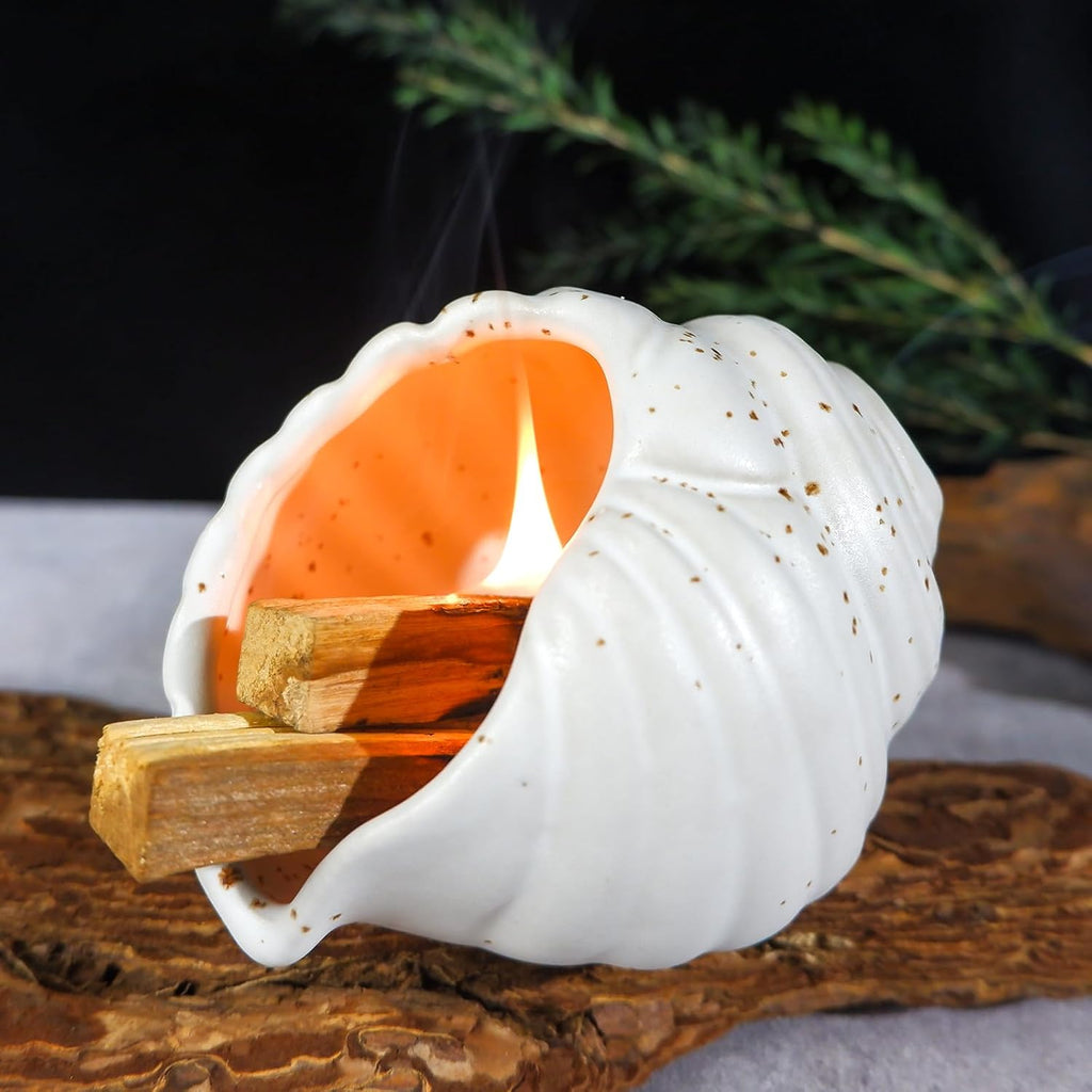 MOUGIGI Ceramic Conch Palo Santo Burner Holder - Mini Chiminea Incense