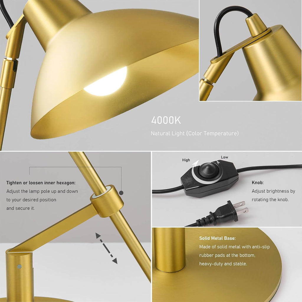 Desk Lamp Modern Industrial 100% Metal Adjustable Table Lamp 24", Natural Light (4000K) with Dimmer, Ideal for Office Bedroom Study Room Living Room Nightstand Bedside Lamps Brass