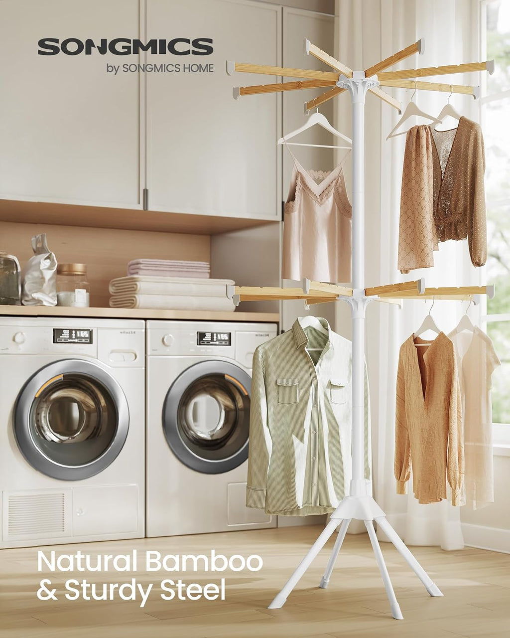SONGMICS Clothes Drying Rack, Foldable Steel Airer, Bamboo Hanging Rods