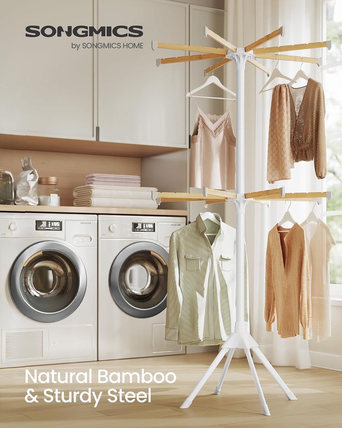 SONGMICS Clothes Drying Rack, Foldable Steel Airer, Bamboo Hanging Rods