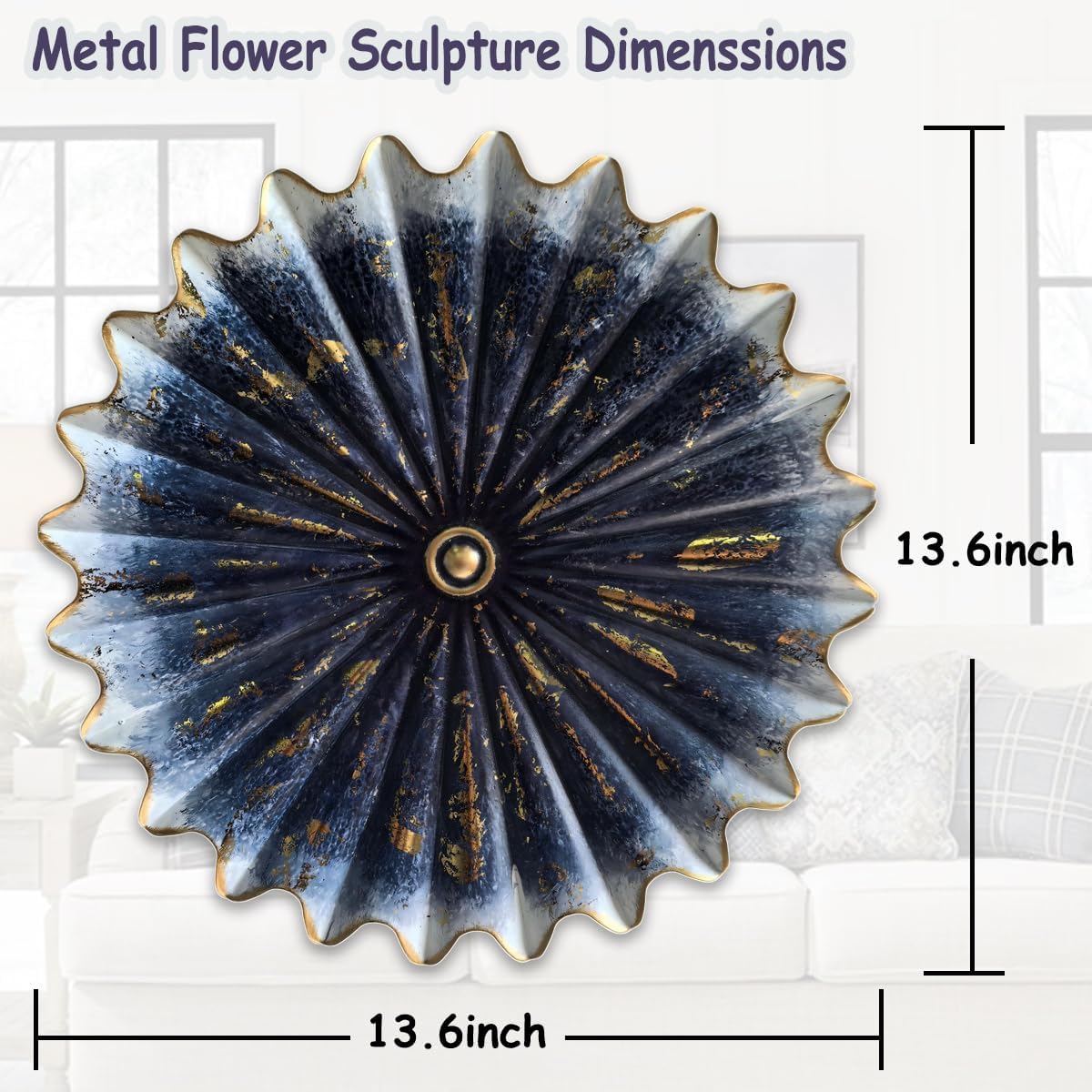 Metal Wall Flower Art Decor,13.6'' 3D Gradual Blue Floral Sculpture