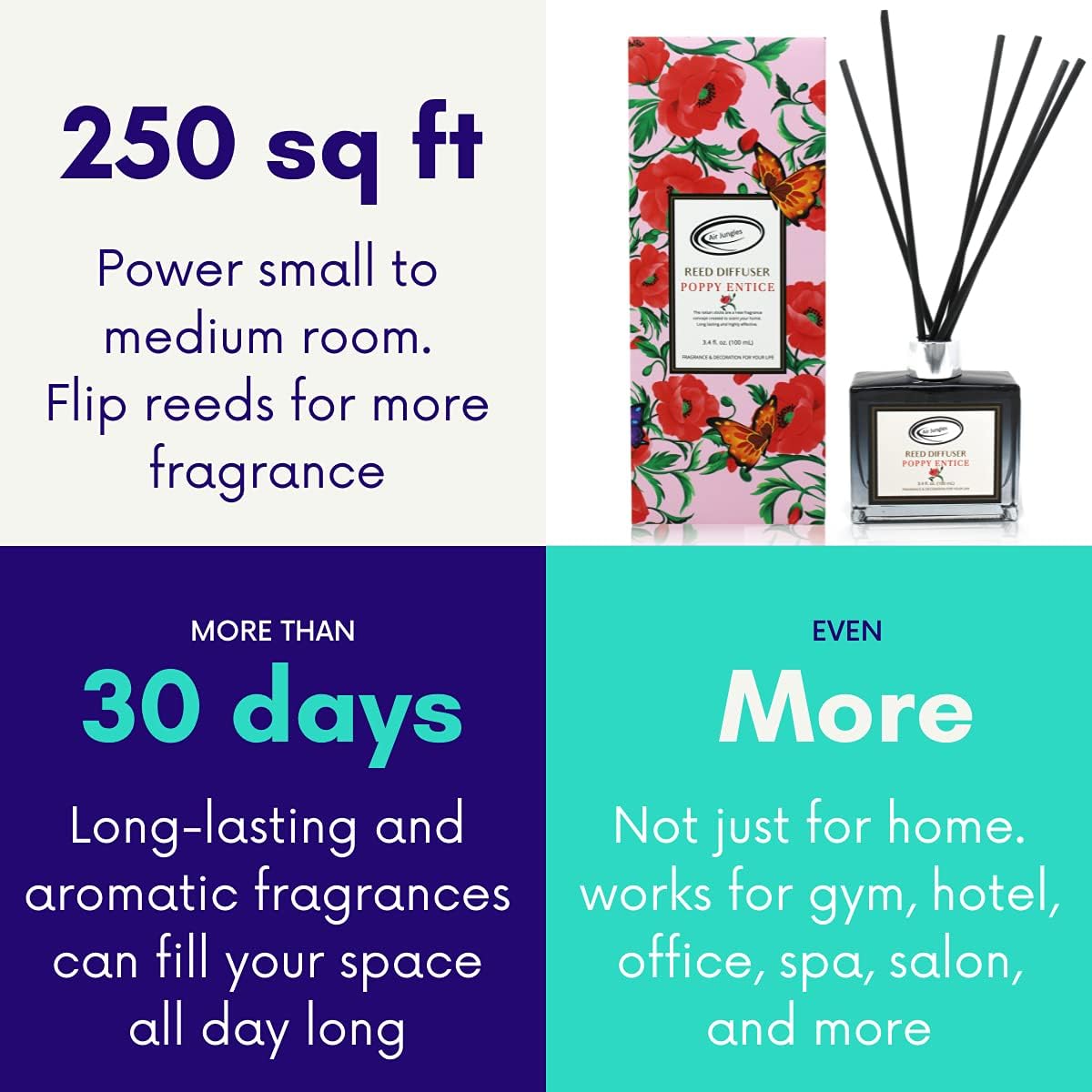 Air Jungles Poppy Entice Reed Diffuser Set with Sticks 3.4 Fl Oz