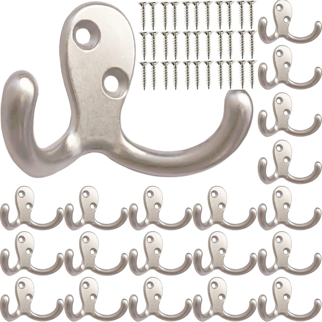 20 Pcs Coat Hooks Hardware Wall Hooks Heavy Duty Hooks for Hanging Coats Double No Rust Hook Wall Mounted for Key, Towel, Bags, Cup, Hat