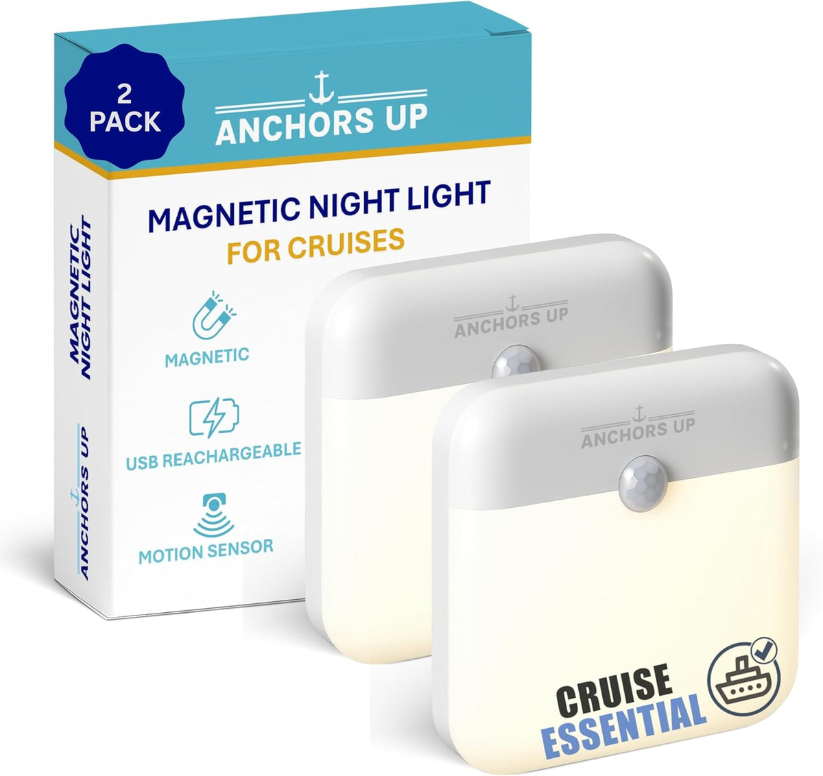 [2 Pack] Cruise Cabin & Hotel Room Magnetic Night Light with Motion Sensor USB Rechargeable – Warm White LED Motion Sensor Light – for Cruises, Hotels, Travel and More – Essentials by AnchorsUp
