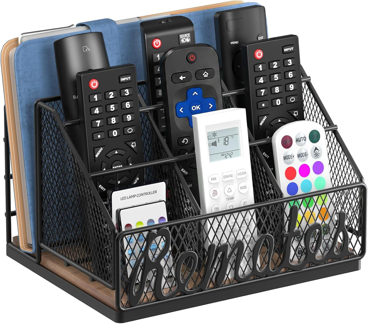 9-Slot Remote Control Holder, Farmhouse Remote Caddy, Brown+Black