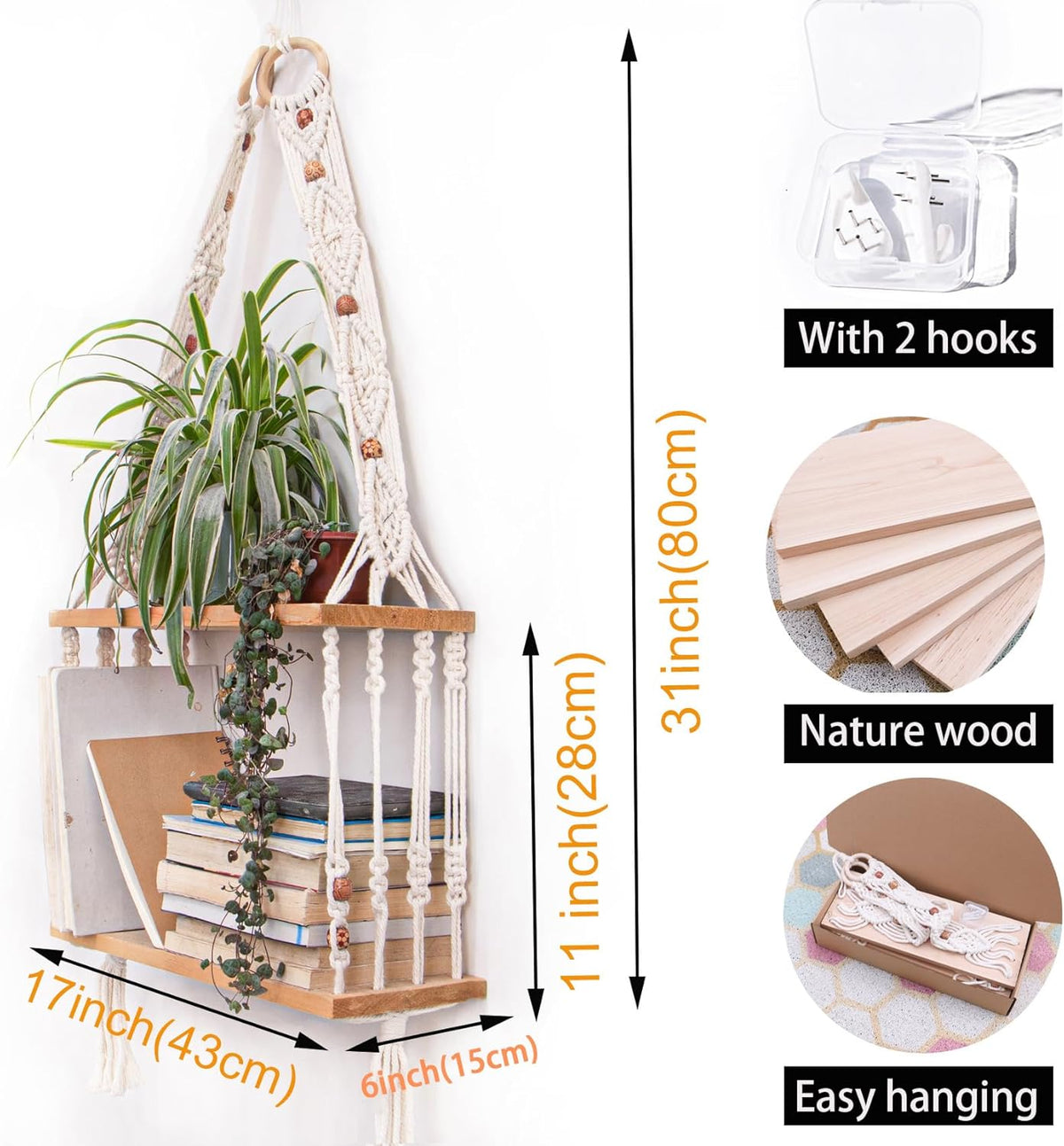 TENEWEE Boho Wall Hanging Shelves Macrame Floating Plant Photos Wood Shelf for Bedroom Living Room Apartment Decor