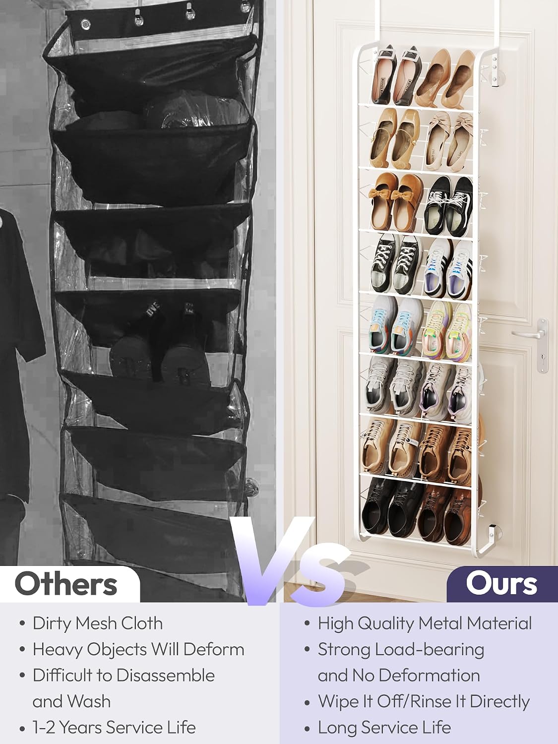SWTYMIKI Over the Door Shoe Organizer - 8 Tier Wall Mount Shoe Rack for Door Storage- Heavy Duty Metal Hanging Shoes Shelf for Flats, Heels, Sneakers, Boots White