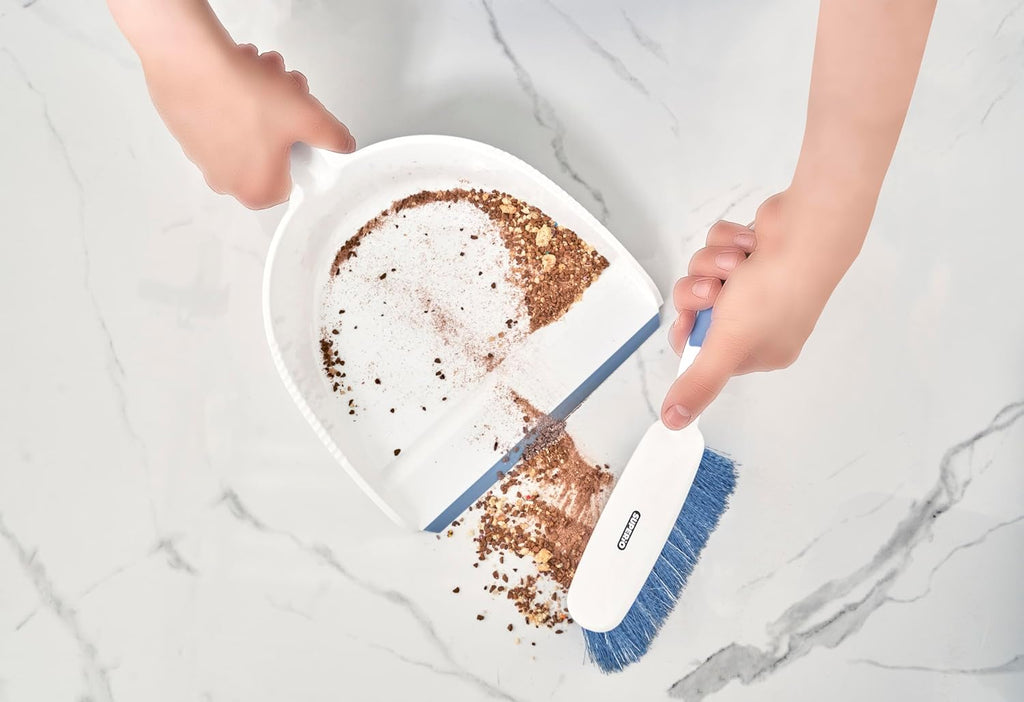 Dustpan and Brush Set, Hand Broom with Ergonomic Grip Handle - Rubber Edge for Easy Dirt Pickup, Durable Material - Grey & Blue Hand Brush by Superio, 2-Pack (‎Blue & Grey)