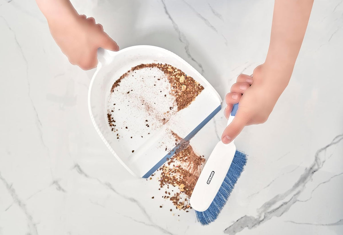 Dustpan and Brush Set, Hand Broom with Ergonomic Grip Handle - Rubber Edge for Easy Dirt Pickup, Durable Material - Grey & Blue Hand Brush by Superio, 2-Pack (‎Blue & Grey)