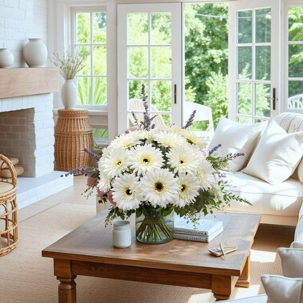 20 Pcs Fake Silk Gerbera Daisy Artificial Flowers with Stems Faux Daisies Flower Bulk for DIY Art Crafts Home Wedding Party Vase Centerpieces Tables Garland Wreath Decoration (White)